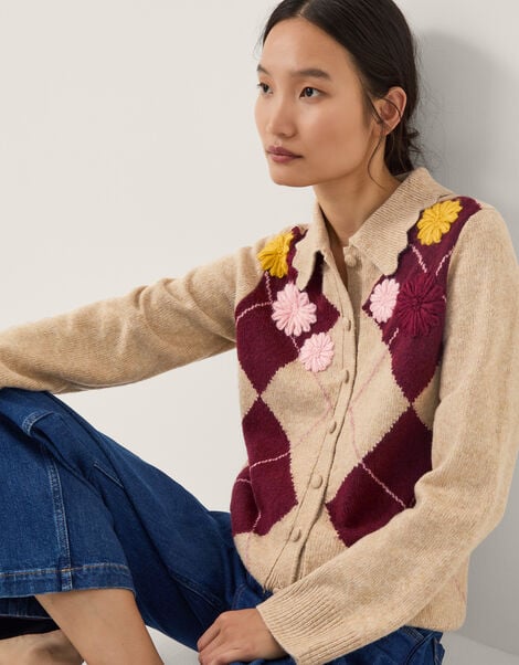 Ami Floral Argyle Collar Cardigan, Natural (NATURAL), large