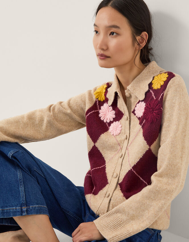 Ami Floral Argyle Collar Cardigan, Natural (NATURAL), large