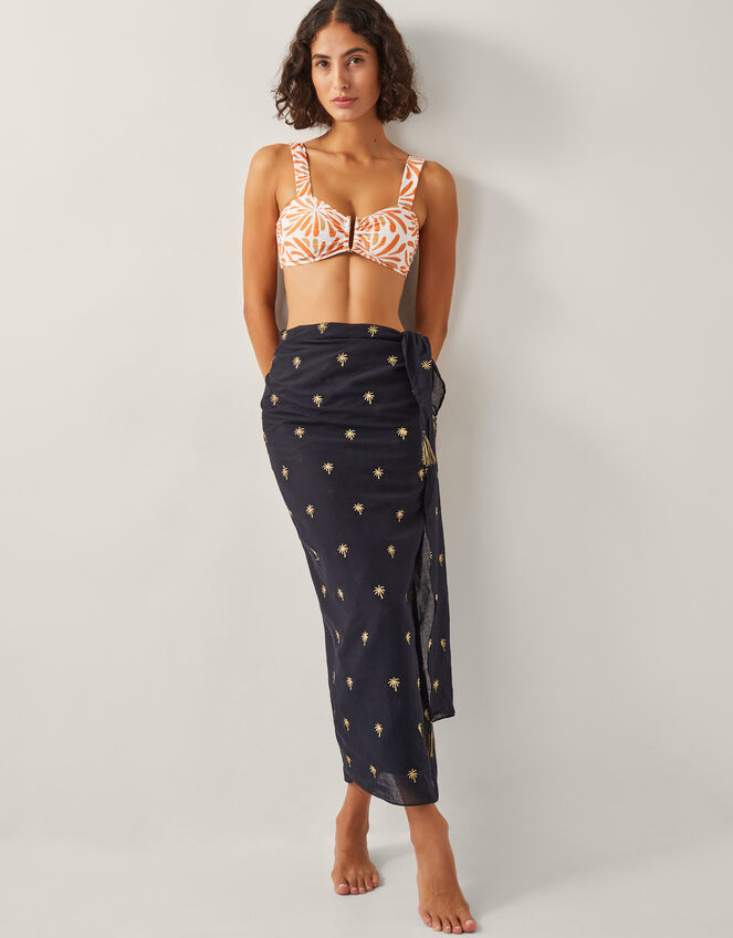 Ivy Palm Embroidered Sarong, Black (BLACK), large