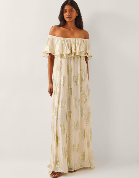 Lyra Metallic Ruffle Maxi Dress , Ivory (IVORY), large