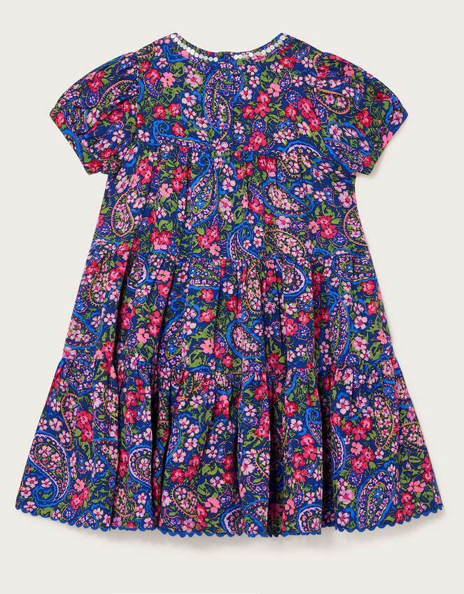 Paisley Tiered Dress in Recycled Polyester, Blue (NAVY), large