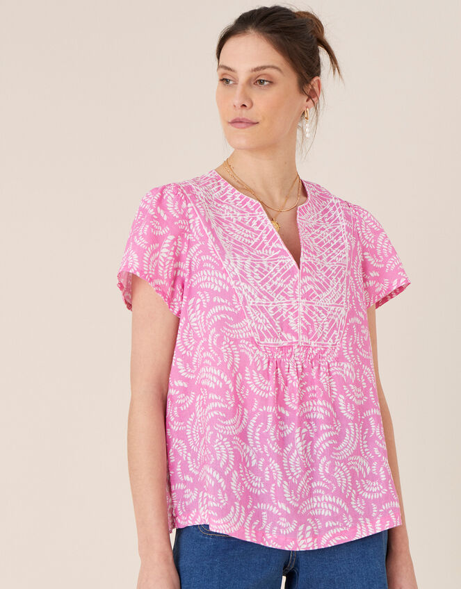 Embroidered Top in Pure Linen, Pink (PINK), large
