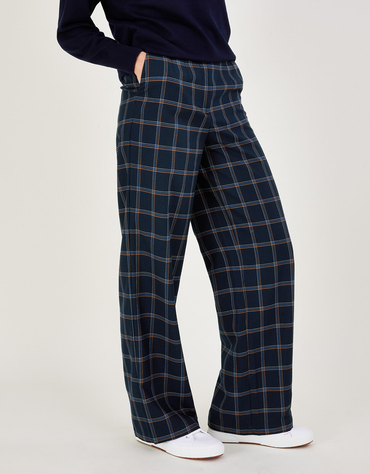 Navy tartan trousers womens store