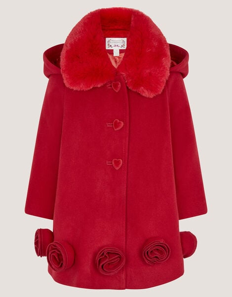 Baby Faux Fur Collar Rosette Coat, Red (RED), large