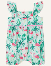 Baby Flamingo Print Romper in Linen Blend, Blue (AQUA), large