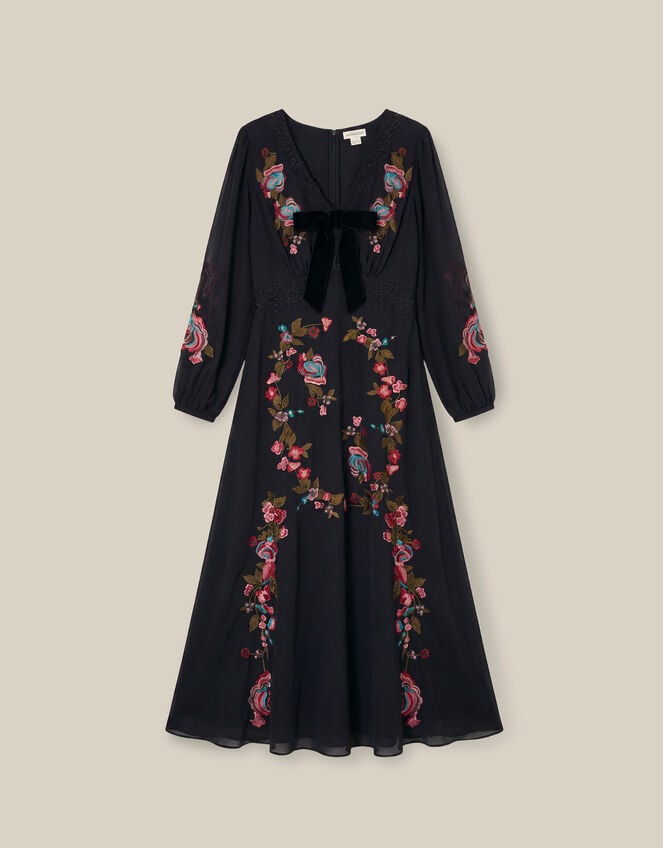 Margot Floral Embroidered Midi Dress, Black (BLACK), large