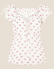 Floral Printed Sweetheart Neck Top, Ivory (IVORY), large