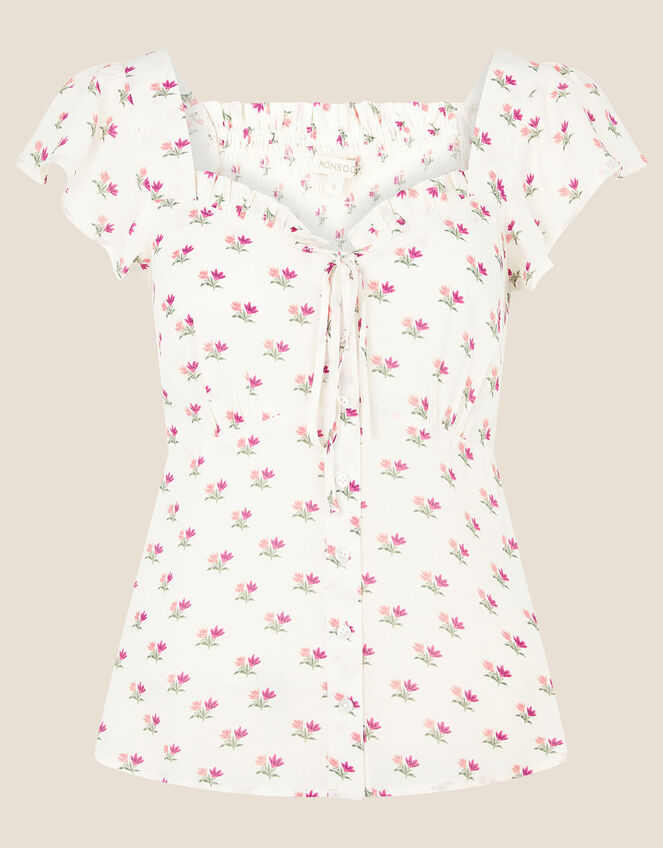 Floral Printed Sweetheart Neck Top, Ivory (IVORY), large