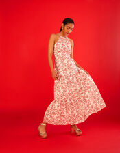 Halter Neck Embellished Maxi Dress, Red (RED), large
