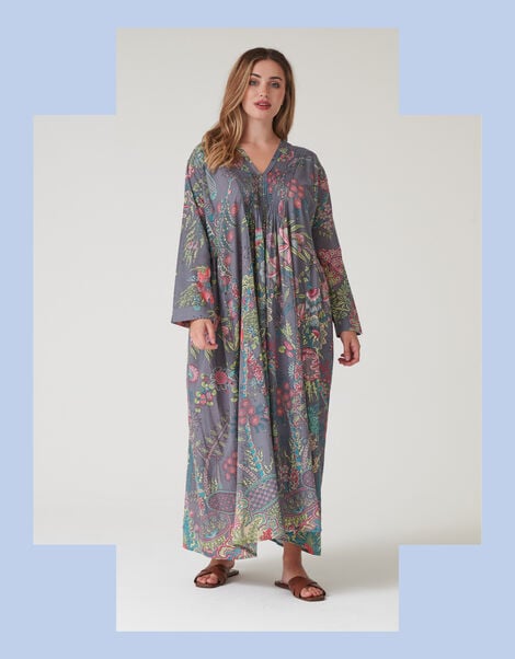 One Hundred Stars Boho Garden Print Maxi Dress, Grey (GREY), large