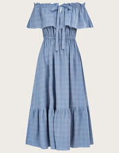 Check Jacquard Bardot Dress, Blue (BLUE), large