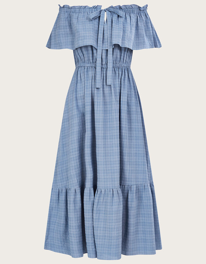 Check Jacquard Bardot Dress, Blue (BLUE), large