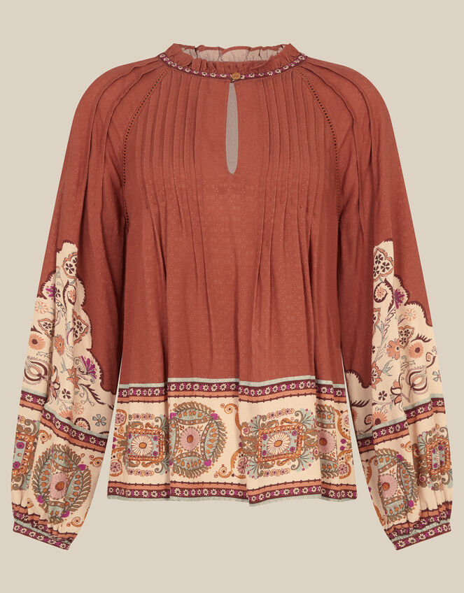Alexandra Floral Pintuck Blouse, Brown (BROWN), large