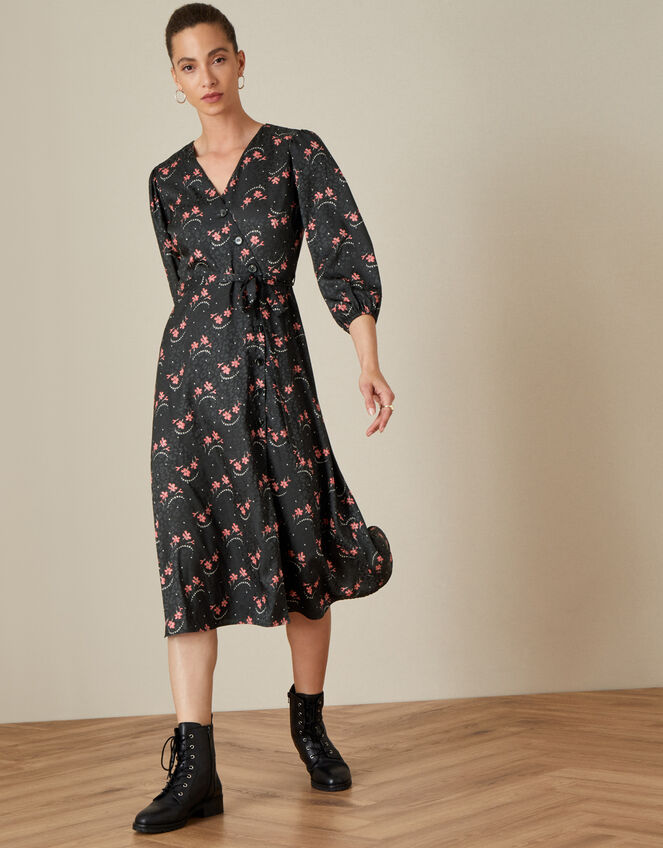 Floral Print Wrap Dress, Black (BLACK), large