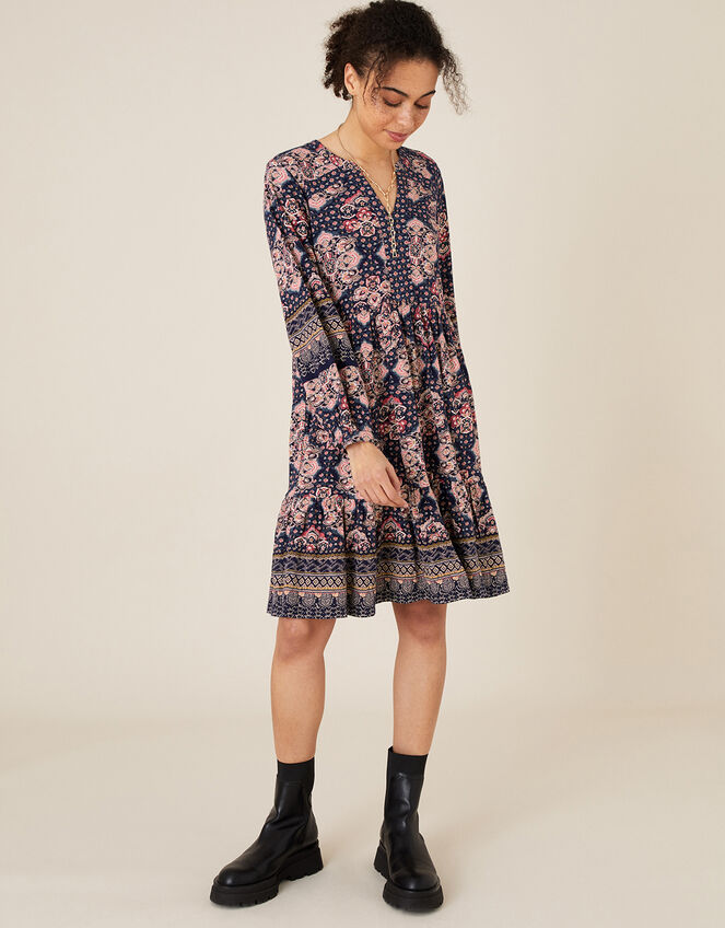 Rowan Heritage Print Dress in Organic Cotton, Blue (NAVY), large