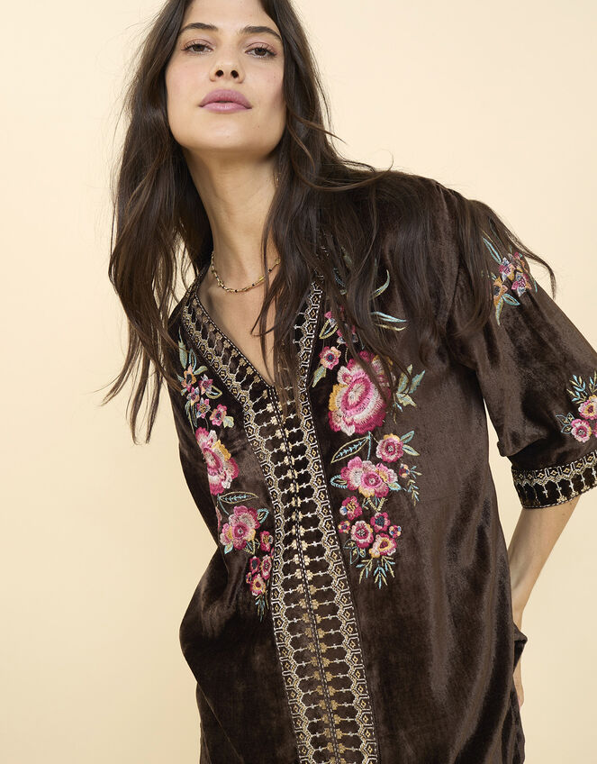 East Kora Embroidered Velvet Top, Brown (BROWN), large