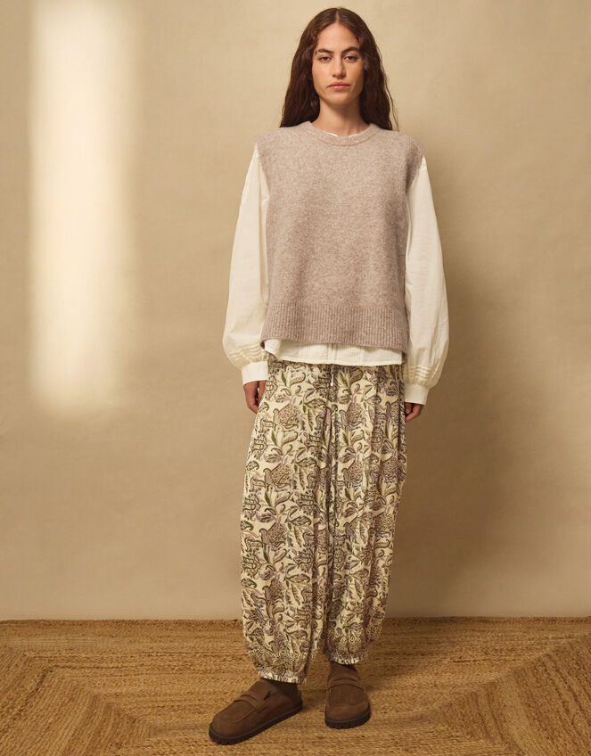 East Odette Hand-Woodblock Print Balloon Trousers, Cream (CREAM), large