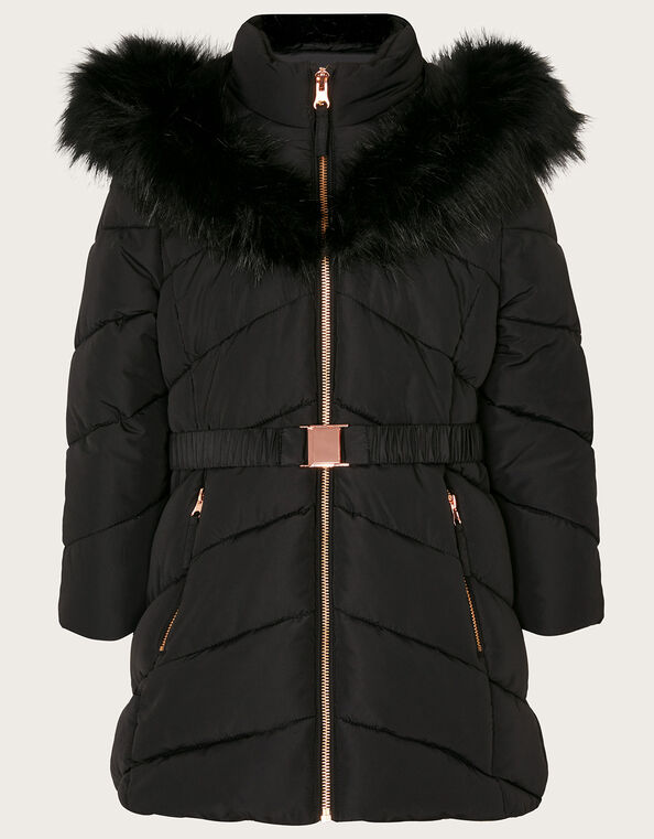 Belted Faux Fur Hooded Coat, Black (BLACK), large