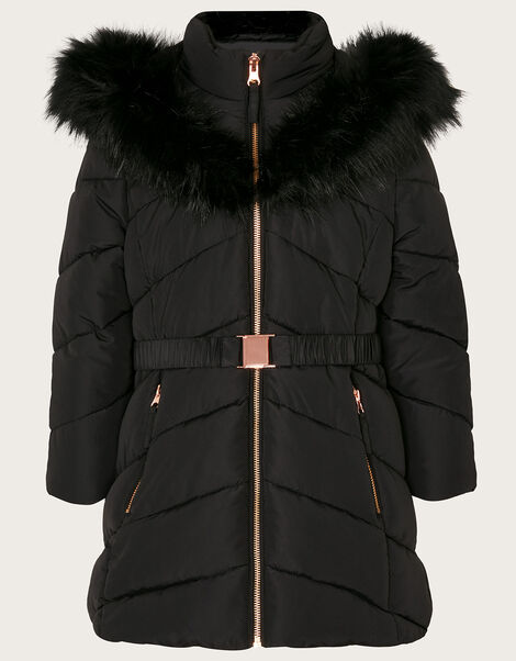 Belted Faux Fur Hooded Coat, Black (BLACK), large