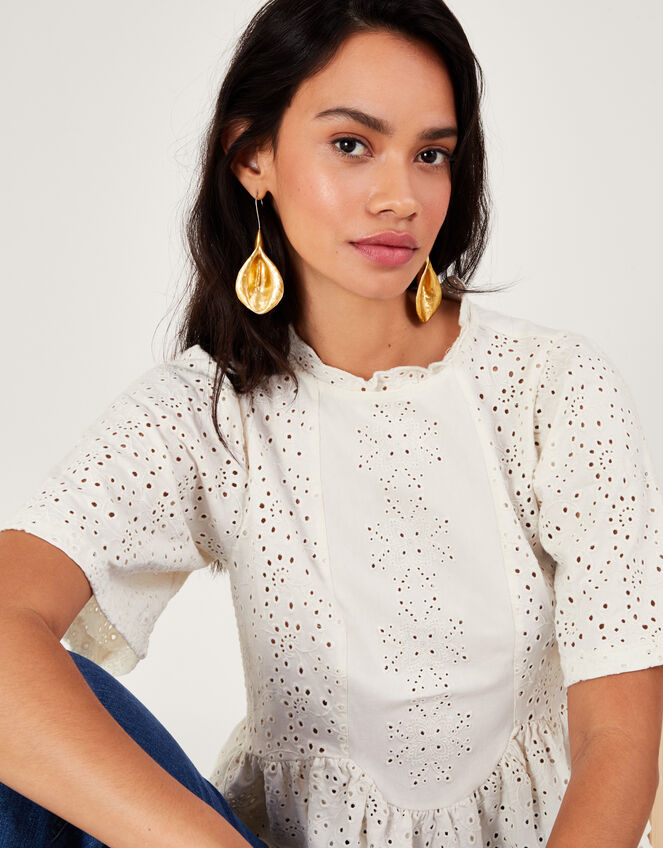 Short Sleeve Schiffli Detail Top, Ivory (IVORY), large