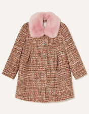 Faux Fur Collar Tweed Coat, Camel (CAMEL), large