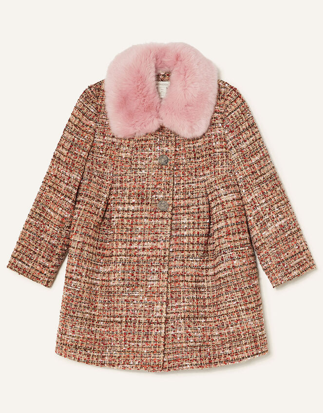 Faux Fur Collar Tweed Coat, Camel (CAMEL), large