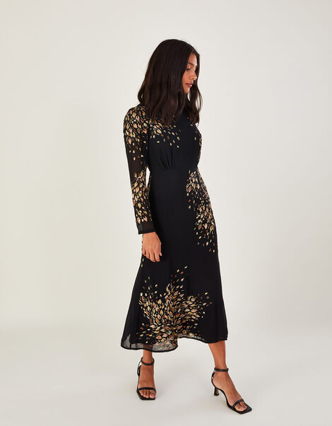 Wendy Embroidered Midi Dress in Recycled Polyester Black, Black (BLACK), large