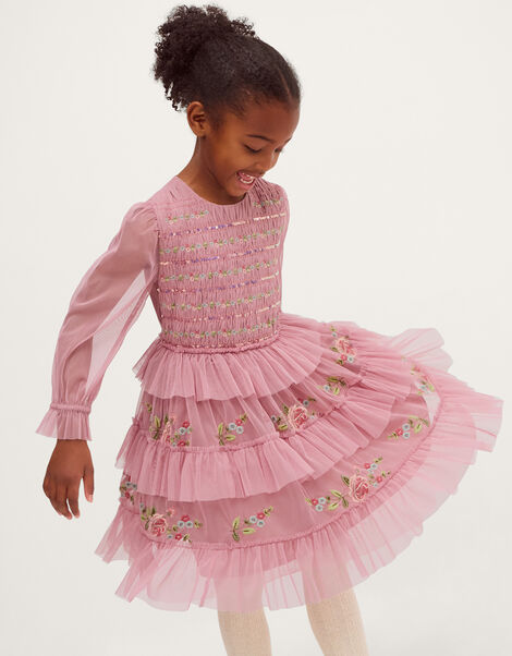 Sequin Embroidered Ruffle Mesh Dress, Pink (PINK), large