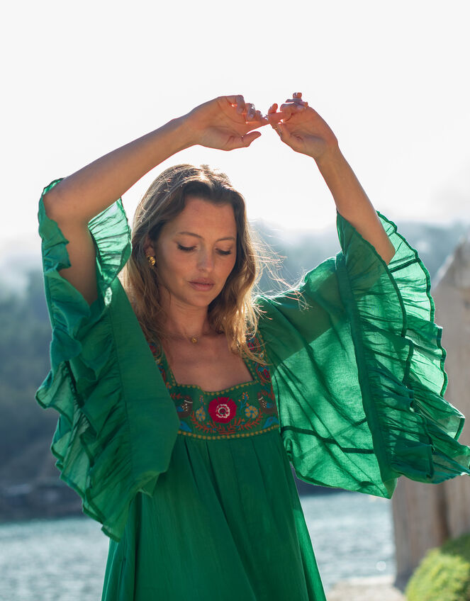 La Galeria Elefante Silver Embroidered Square Neck Maxi Dress, Green (GREEN), large