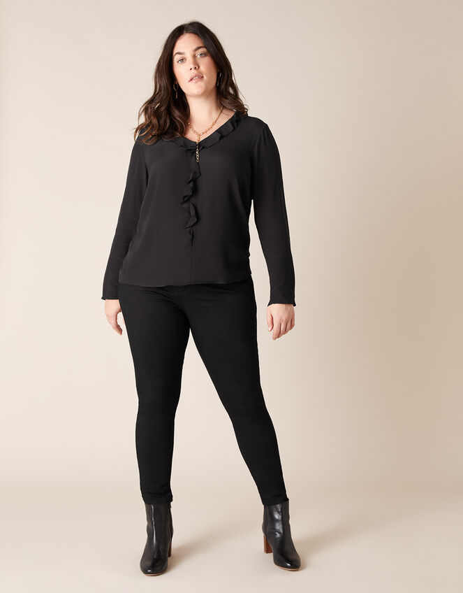 Ruffle Long Sleeve Blouse with LENZING™ ECOVERO™, Black (BLACK), large