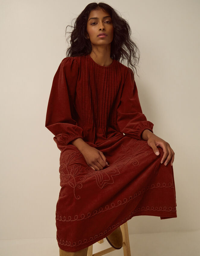 Joyce Embroidered Corduroy Midi Dress, Cognac (COGNAC), large