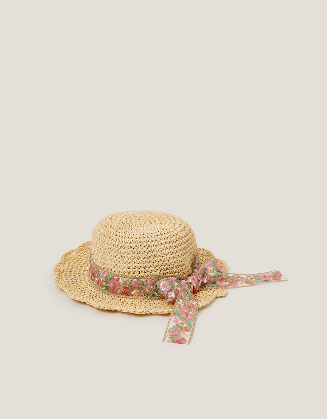 Floral Bow Straw Bucket Hat, Pink (PINK), large