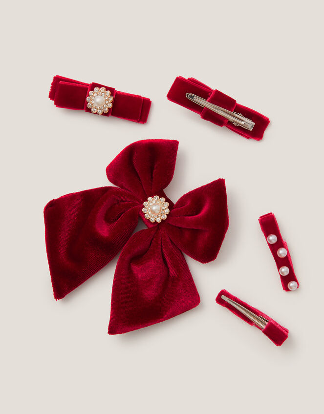 5-Pack Embellished Velvet Bow Hair Clips, Red (RED), large