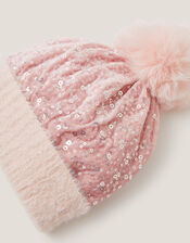 Sequin Pom-Pom Beanie Hat, Pink (PINK), large