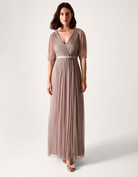 Ellie Sheer Sleeve Plunge Tulle Maxi Dress, Mink (MINK), large