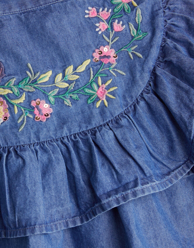 Chambray Embroidered Ruffle Skirt, Blue (BLUE), large