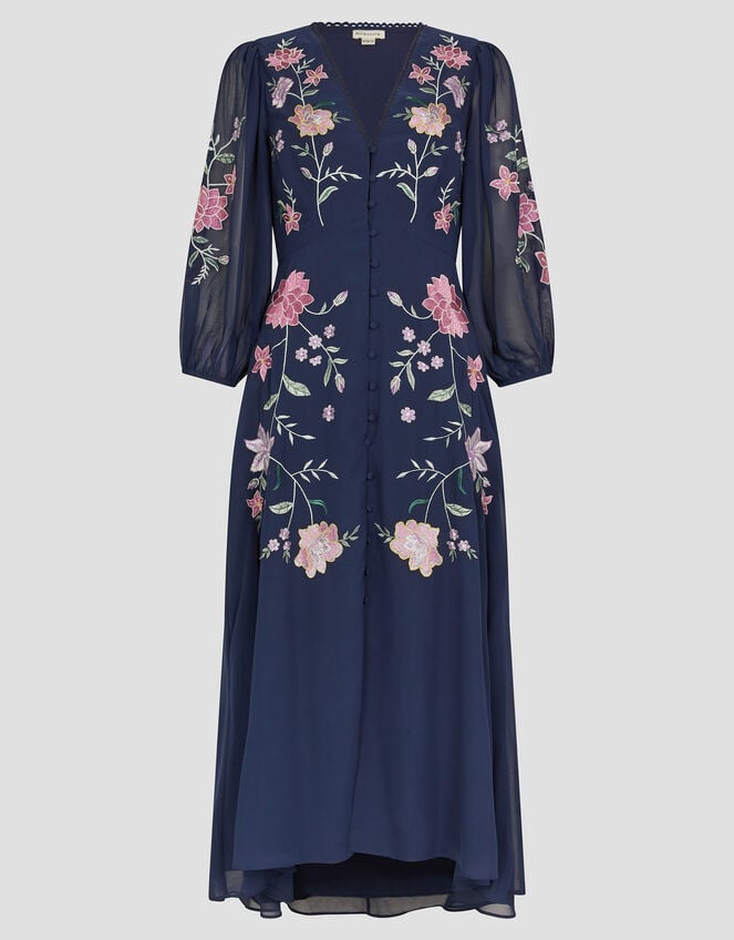 Emani Floral Embroidered Midi Tea Dress, Blue (NAVY), large