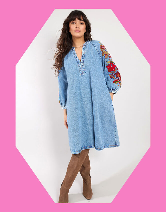 East Embroidered Denim Dress, Blue (BLUE), large