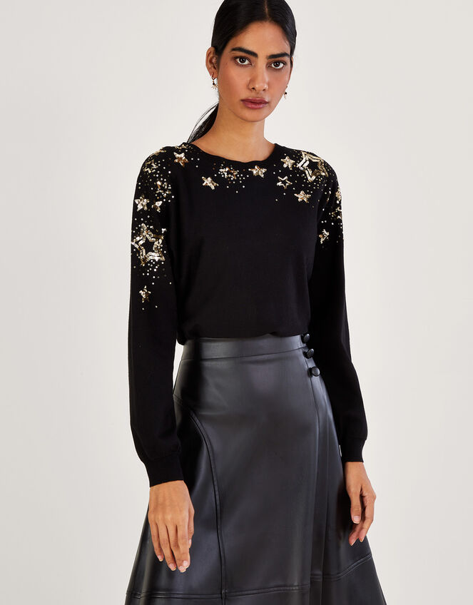 Sequin Star Scatter Sweater with LENZINGâ„¢ ECOVEROâ„¢, Black (BLACK), large