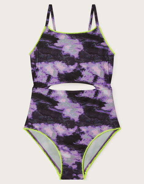 Marble Print Cut-Out Swimsuit, Purple (PURPLE), large