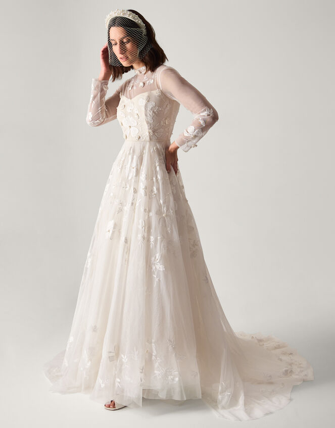 Lorelai Long Sleeve Floral Embellished Mesh Wedding Dress, Ivory (IVORY), large