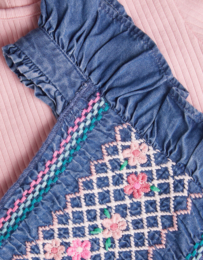 Baby Chambray Embroidered Romper, Blue (BLUE), large