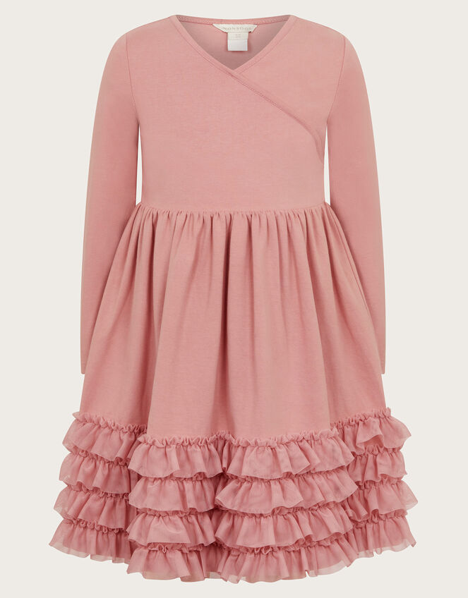 Long Sleeve Jersey Ruffle Wrap Dress, Pink (PINK), large