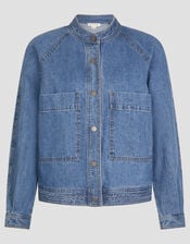 Binky Crop Collarless Denim Jacket, Blue (MID AUTHENTIC BLUE), large