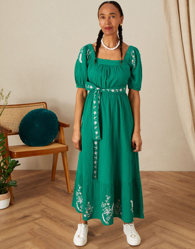 Double Faced Square Neck Embroidered Dress, Green (GREEN), large