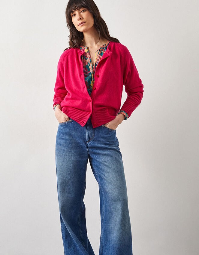 East Ember Cashmere Crew Neck Cardigan, Pink (PINK), large