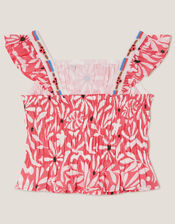 Floral Print Cropped Embellished Blouse, Multi (MULTI), large