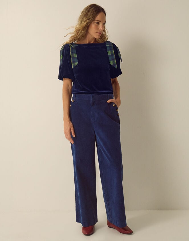 Vittoria Short Sleeve Tartan Bow Velvet Top, Blue (MIDNIGHT), large