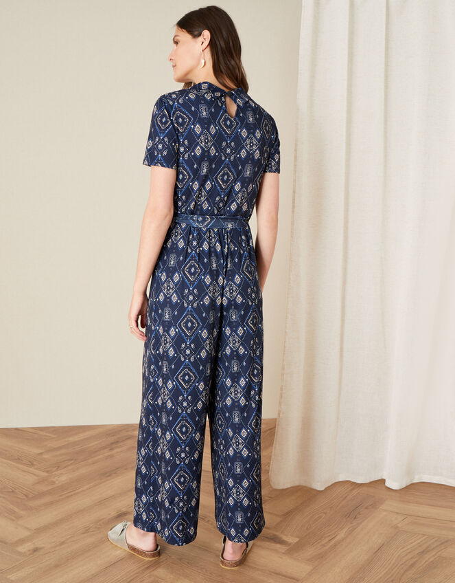 Printed Wide Leg Jersey Jumpsuit, Blue (NAVY), large