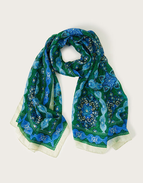 Floral Silk Beach Scarf Green, Green (GREEN), large